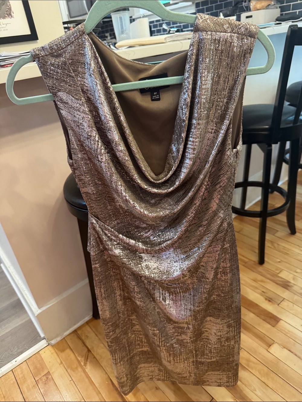 Connected Apparel Shimmery Bronze Cowl Neck Midi Dress